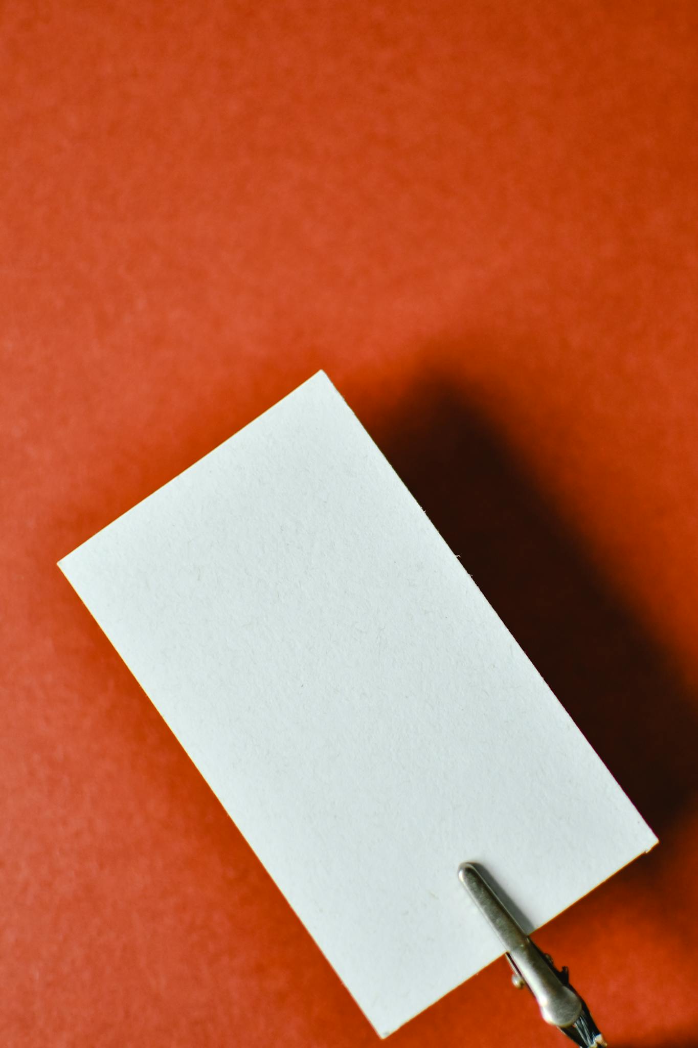 Minimalist vertical shot of a blank card with metal clip on orange background, perfect for mockups.